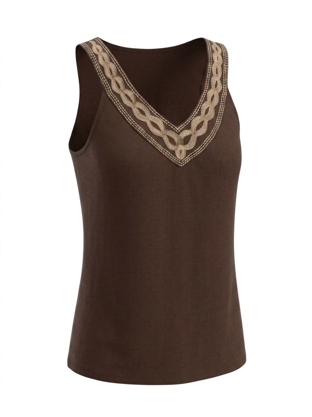 Banana Republic Brown Sleeveless V-Neck Tank with Cream Embroidery